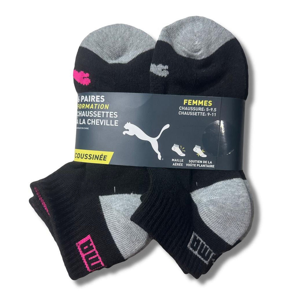 PUMA SOCKS WOMEN'S - QUARTER CUT 223 - ZING BLACK CTE - SHOE SZ 5-9.5 - PACK 6