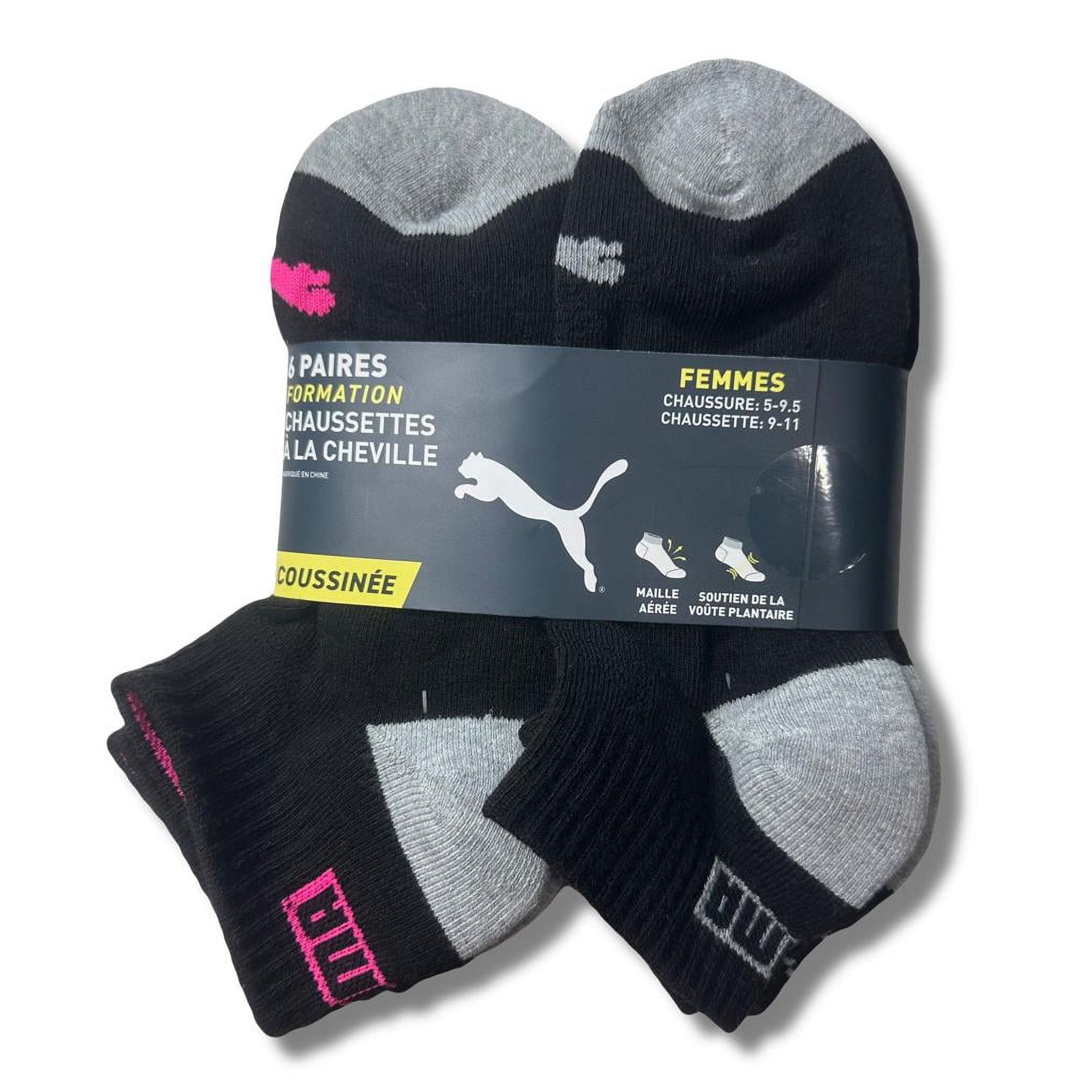 PUMA SOCKS WOMEN'S - QUARTER CUT 223 - ZING BLACK CTE - SHOE SZ 5-9.5 - PACK 6