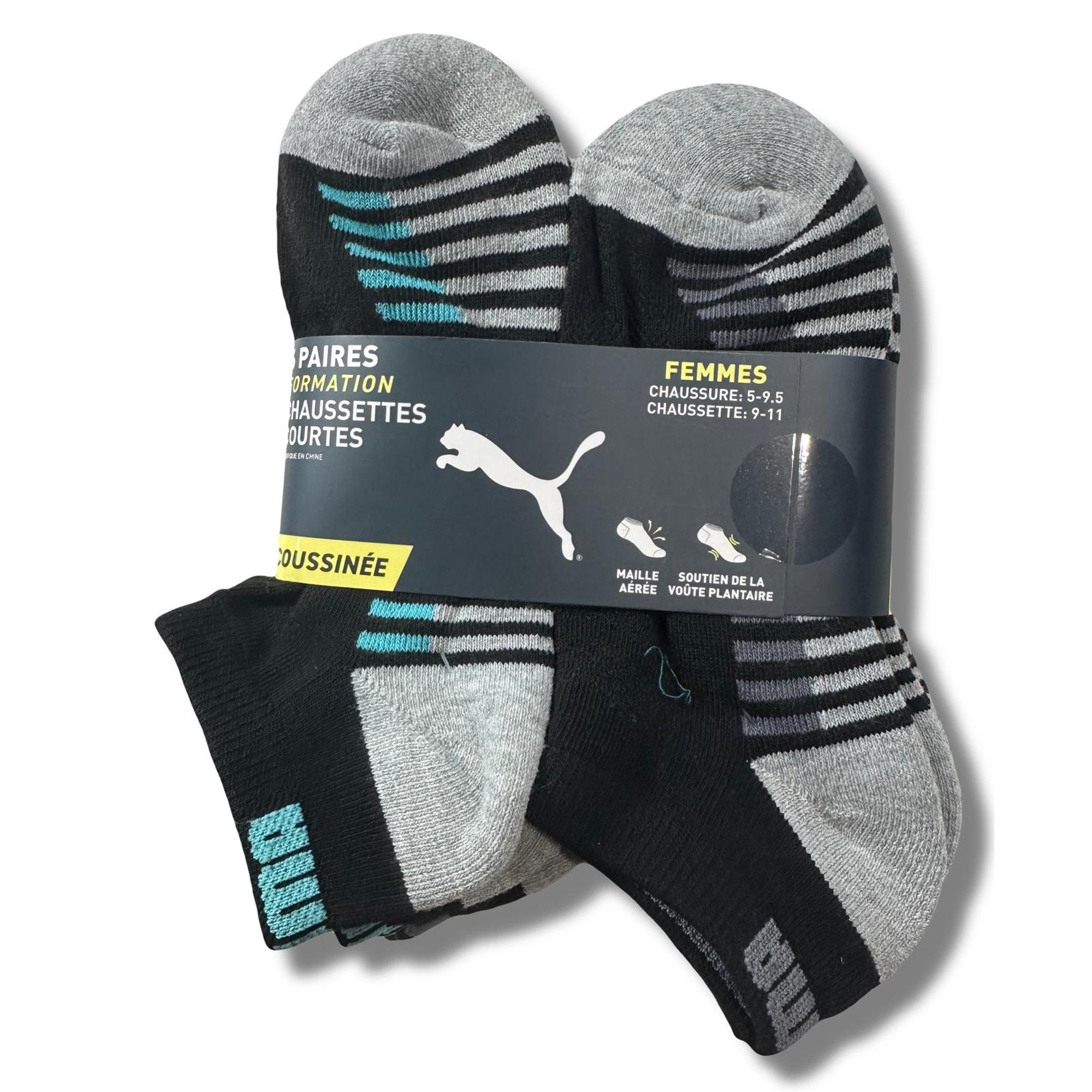 PUMA SOCKS WOMEN'S - LOW CUT 243 - BLISS BLACK PINK - SHOE SZ 5-9.5 - PACK 6