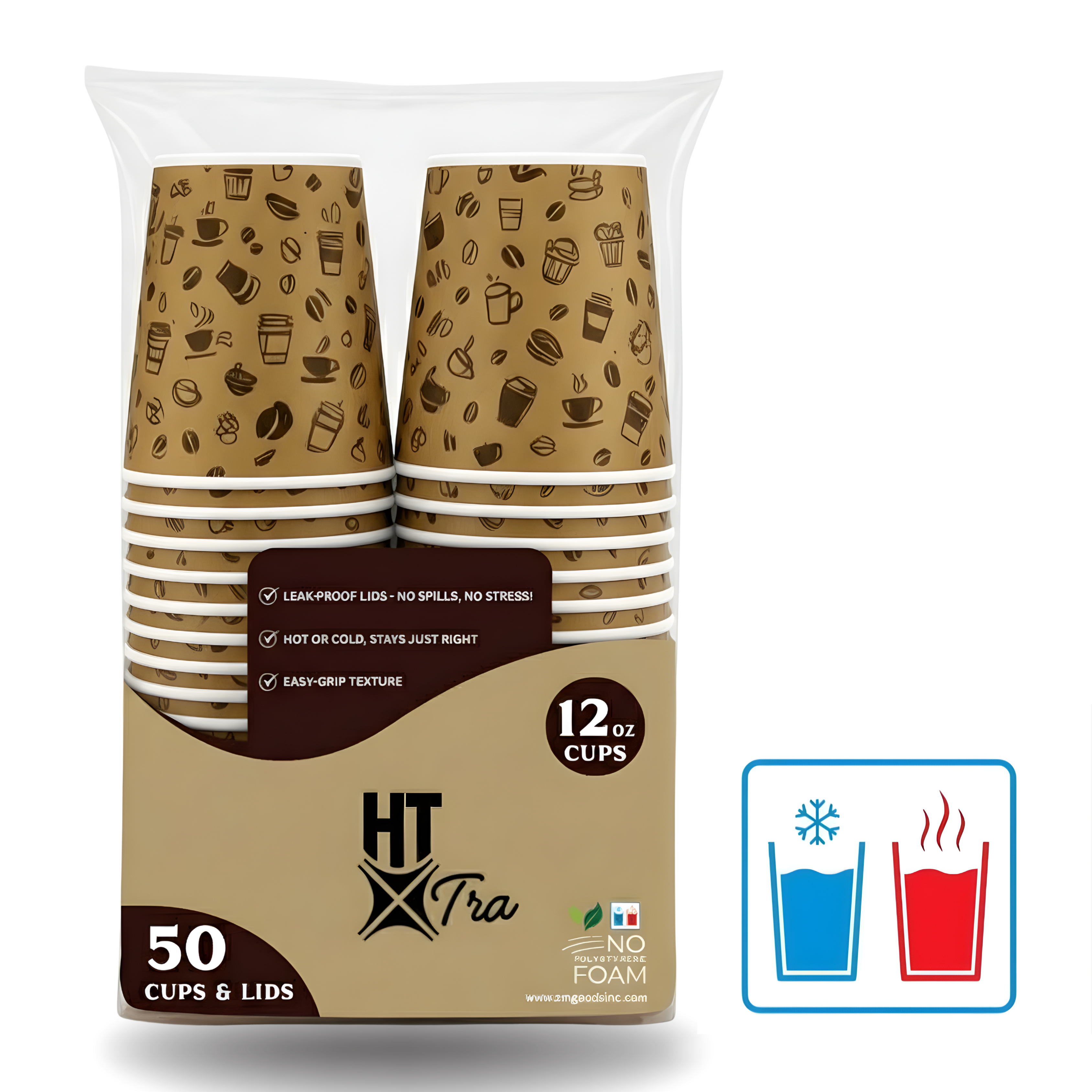 HT Xtra 12oz Disposable Coffee Cups with Leak Proof Lids, Double Wall Insulated Hot & Cold Cups, Foam Takeaway Cups for Coffee, Tea & Drinks – 50 Count