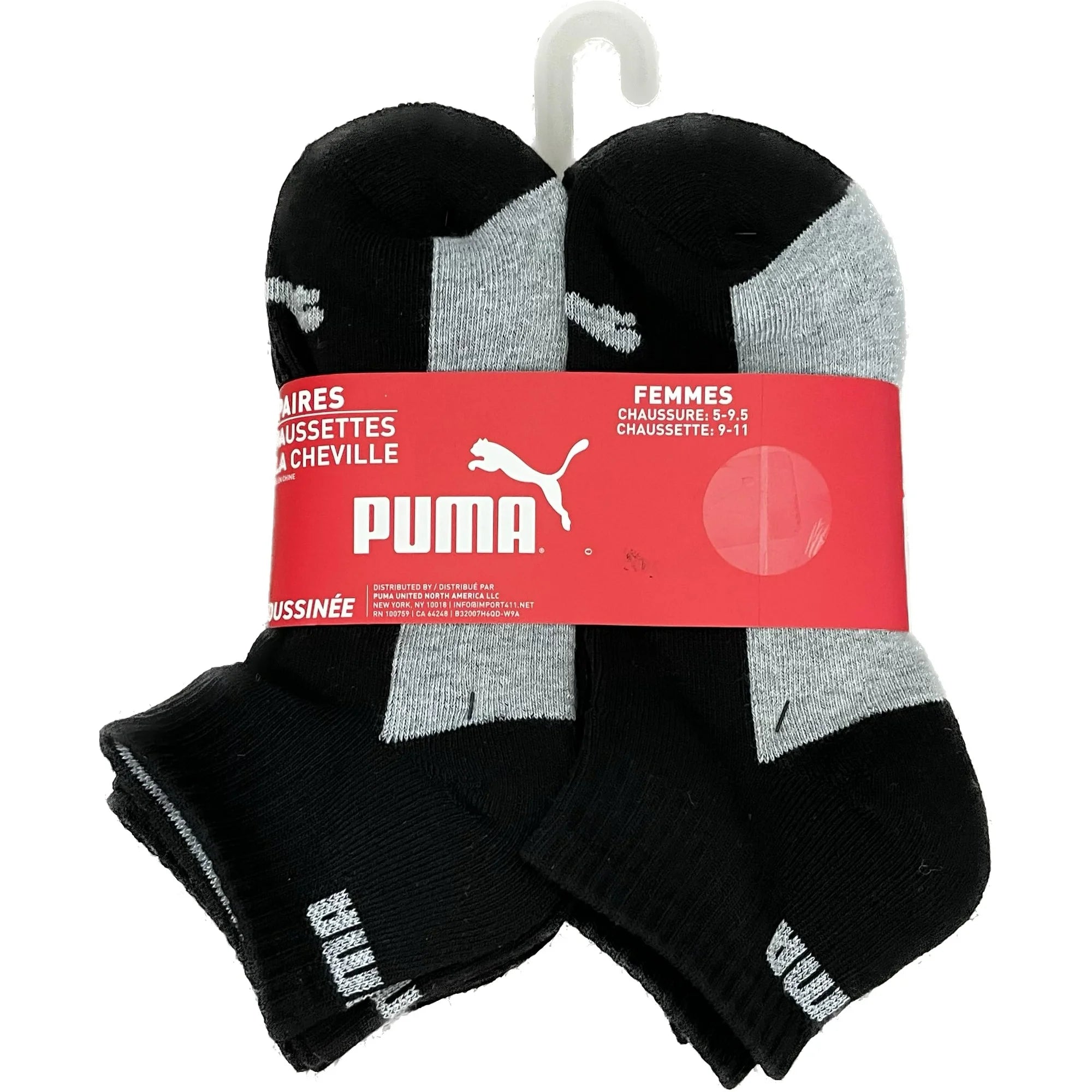 PUMA SOCKS WOMEN'S - QUARTER CREW - BLACK GREY - LARGE (9-11) - PACK 6 PAIRS