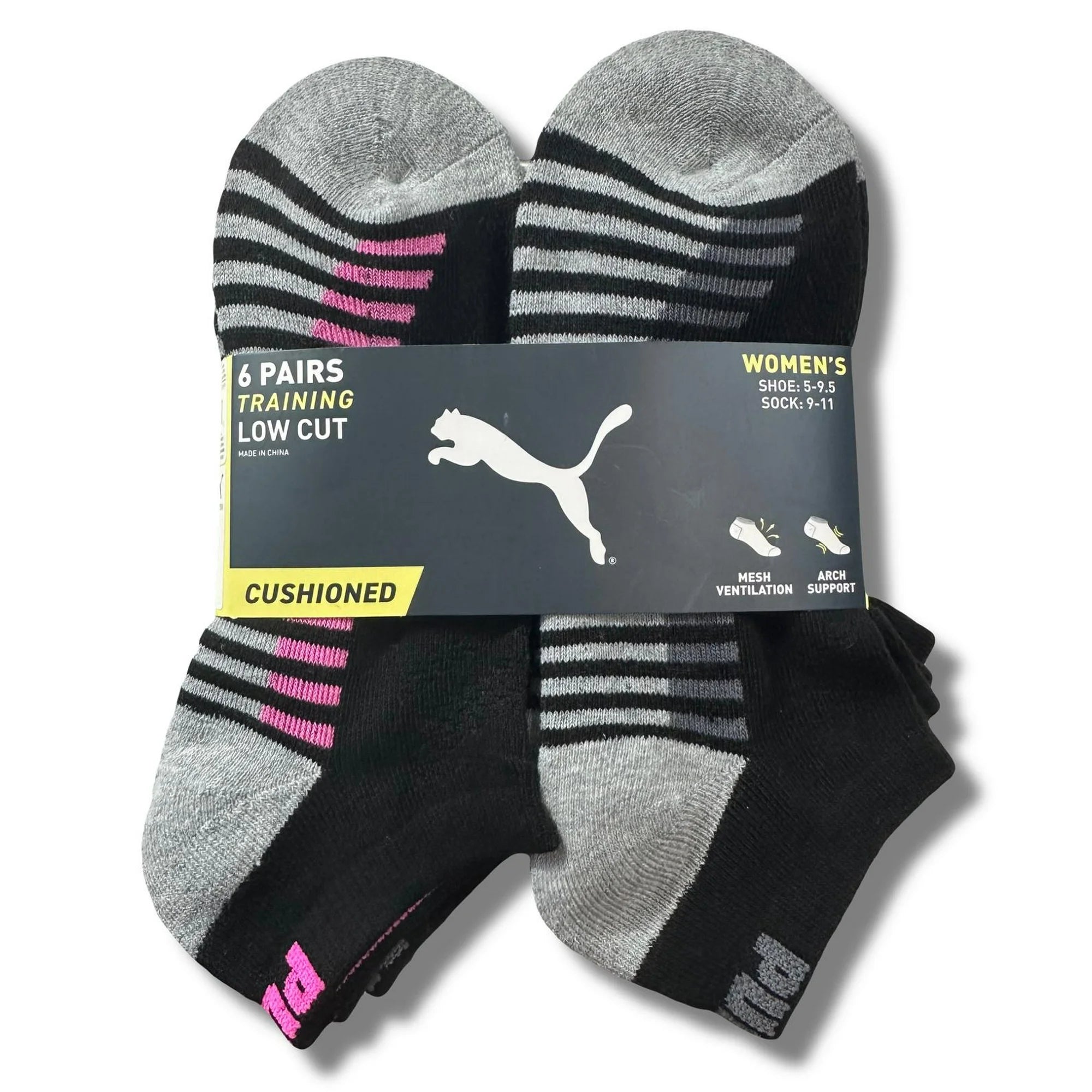 PUMA SOCKS WOMEN'S - LOW CUT 243 - BLISS BLACK PINK - SHOE SZ 5-9.5 - PACK 6