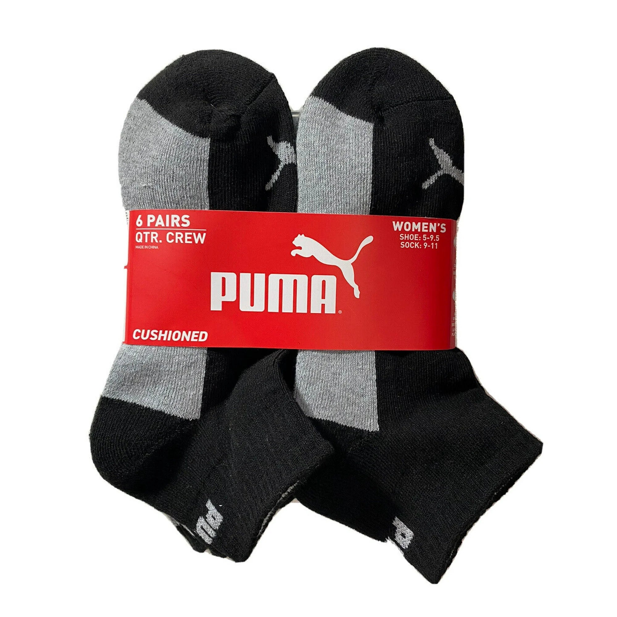 PUMA SOCKS WOMEN'S - QUARTER CREW - BLACK GREY - LARGE (9-11) - PACK 6 PAIRS