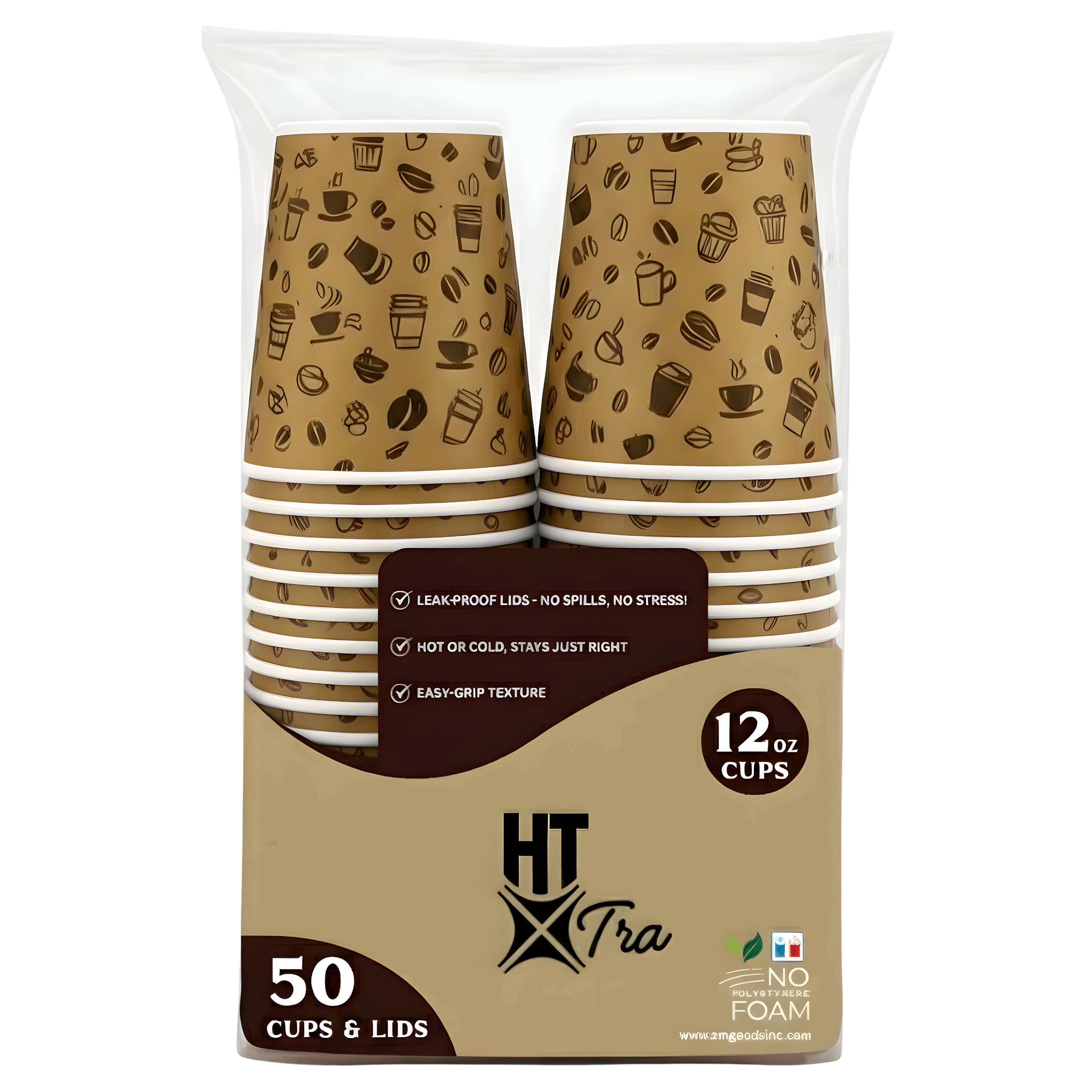 HT Xtra 12oz Disposable Coffee Cups with Leak Proof Lids, Double Wall Insulated Hot & Cold Cups, Foam Takeaway Cups for Coffee, Tea & Drinks – 50 Count