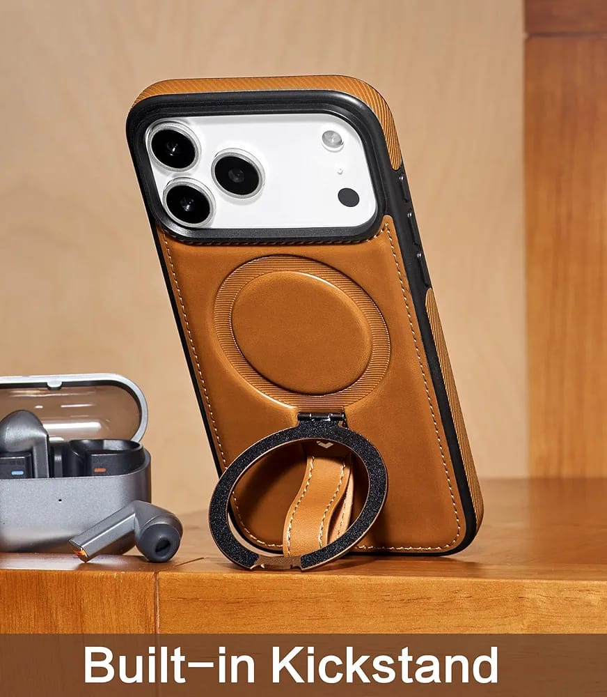 Leather Case for iPhone 17 Pro Max | iPhone 17 Pro Max Leather Case with Stand | Compatible with MagSafe with Magnetic Ring Grip Holder (Brown, IP17 Pro Max-6.9inch)