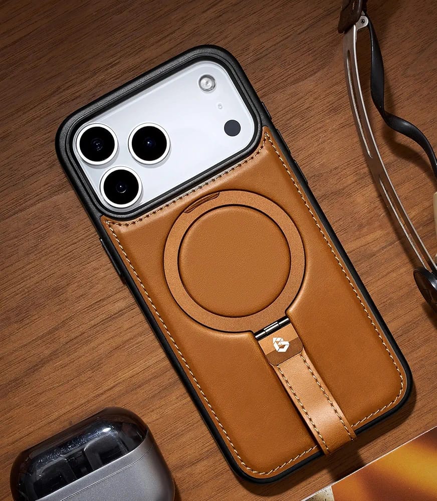 Leather Case for iPhone 17 Pro Max | iPhone 17 Pro Max Leather Case with Stand | Compatible with MagSafe with Magnetic Ring Grip Holder (Brown, IP17 Pro Max-6.9inch)
