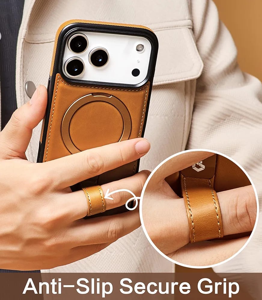 Leather Case for iPhone 17 Pro Max | iPhone 17 Pro Max Leather Case with Stand | Compatible with MagSafe with Magnetic Ring Grip Holder (Brown, IP17 Pro Max-6.9inch)