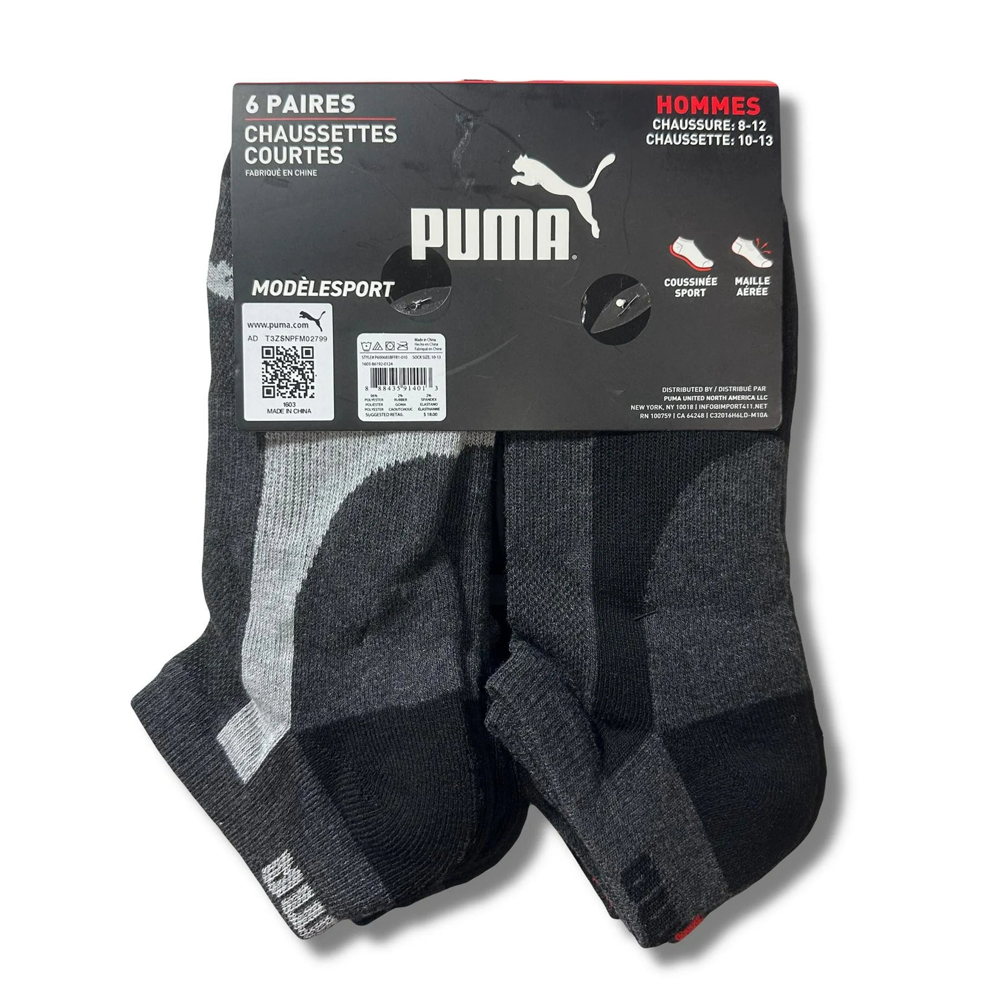 PUMA SOCKS MEN'S - LOW CUT - PIPE 243 - RED BLACK - LARGE (10-13) PACK 6 XX