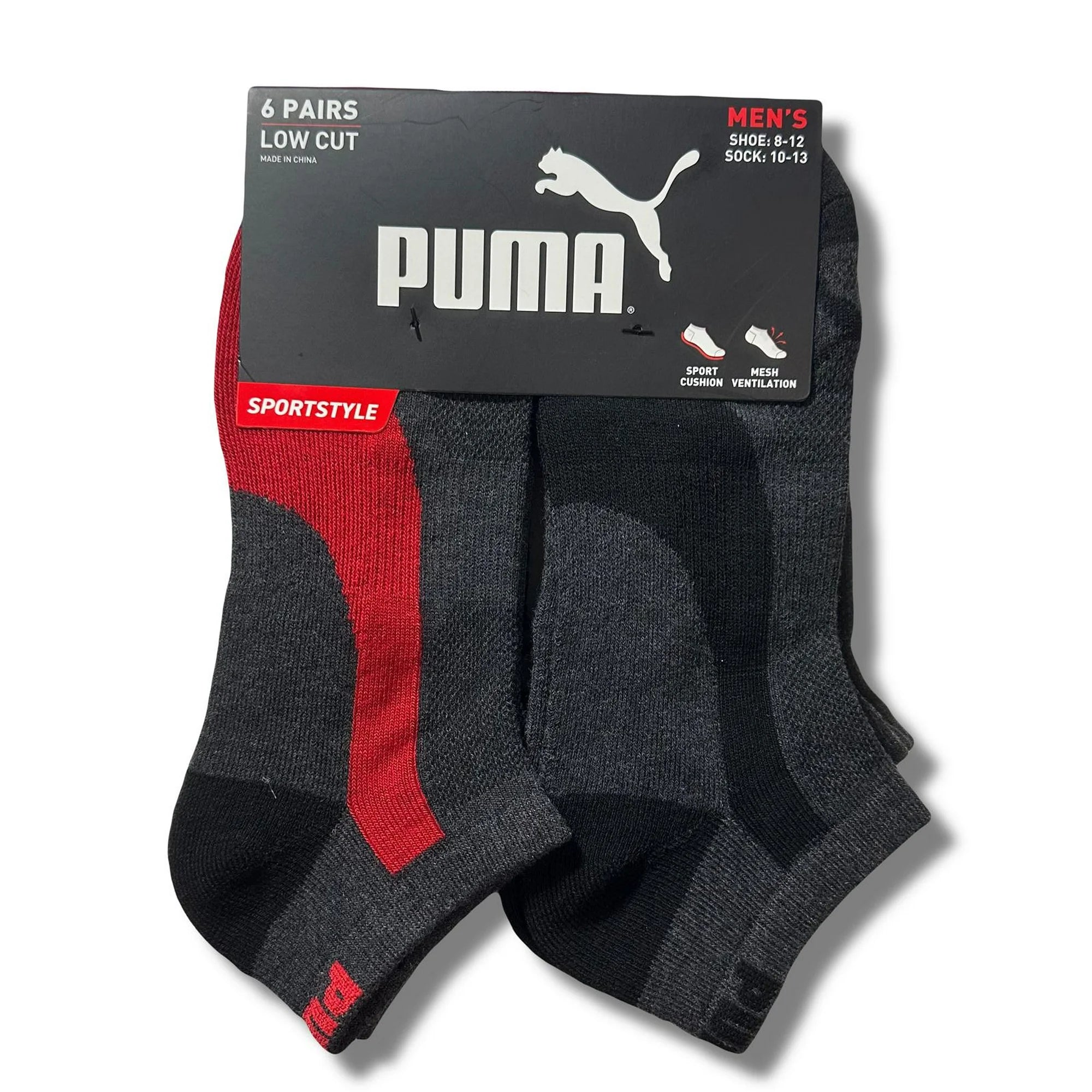PUMA SOCKS MEN'S - LOW CUT - PIPE 243 - RED BLACK - LARGE (10-13) PACK 6 XX