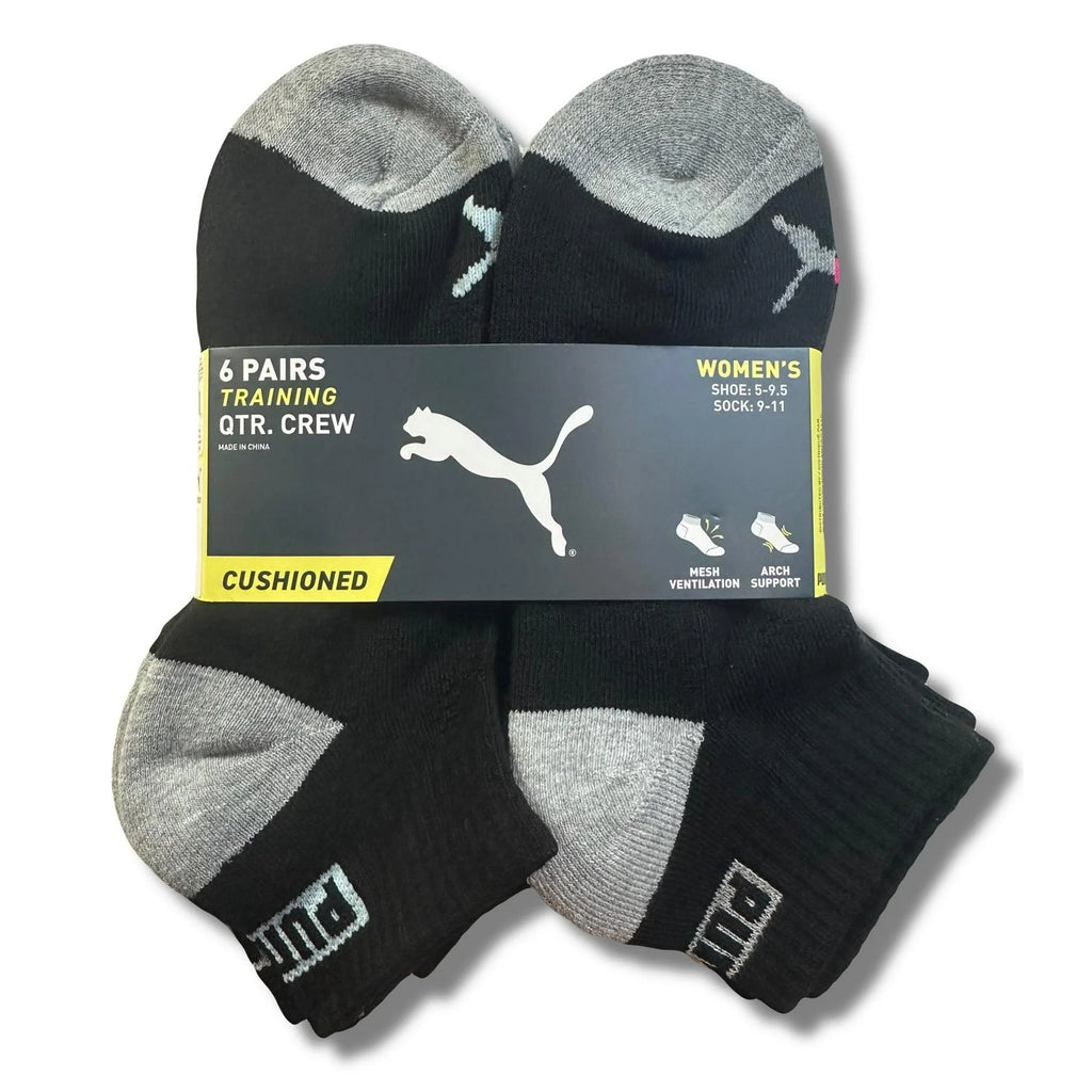 PUMA SOCKS WOMEN'S - QUARTER CUT 223 - ZING BLACK CTE - SHOE SZ 5-9.5 - PACK 6