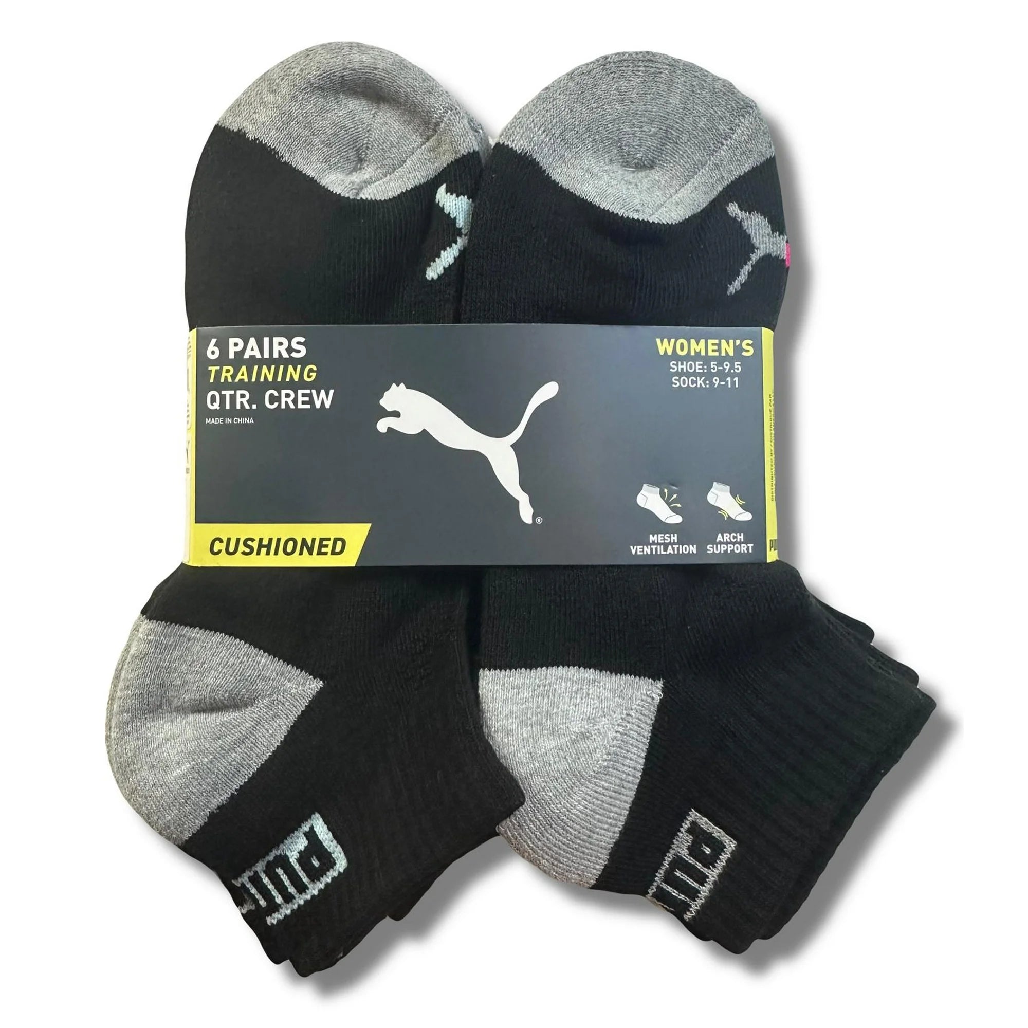 PUMA SOCKS WOMEN'S - QUARTER CUT 223 - ZING BLACK CTE - SHOE SZ 5-9.5 - PACK 6