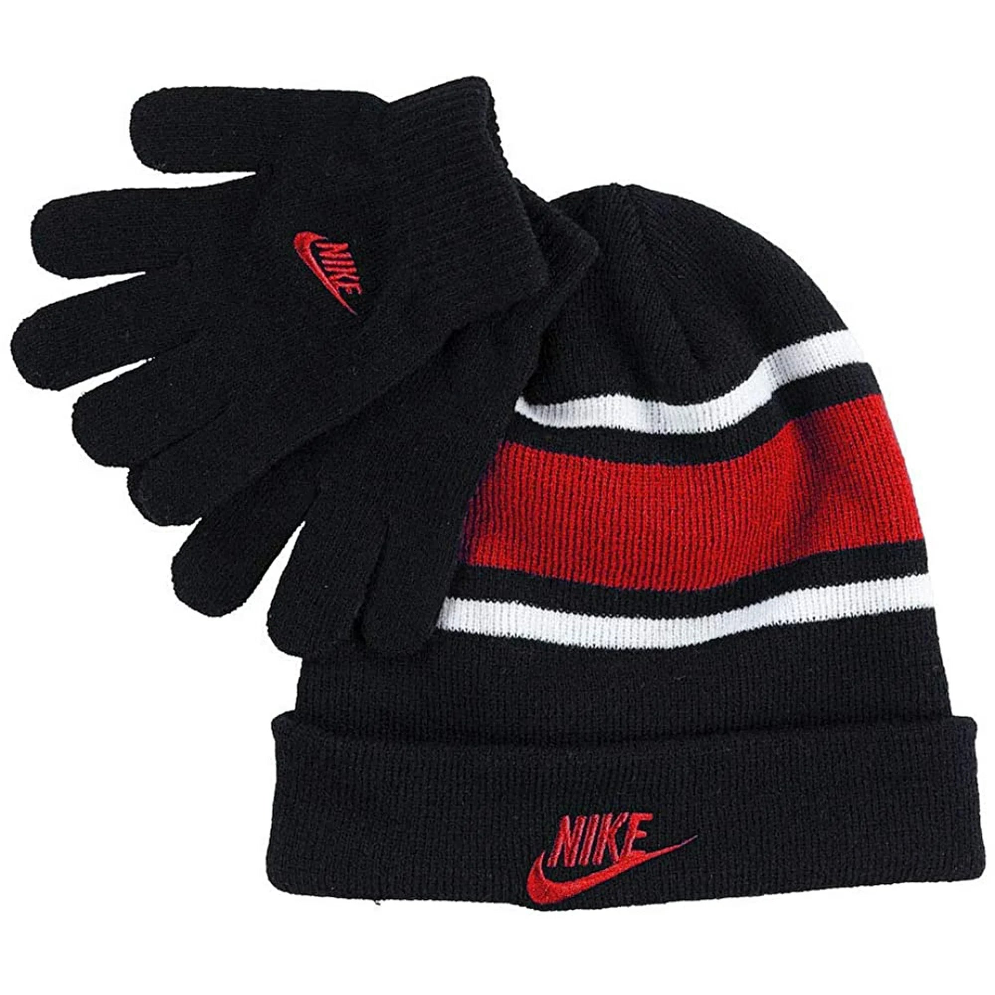 Nike Boy`s Futura Foldover Beanie & Glove 2 Piece Set (Black(9A2837-R1N)/Red, 8-20)