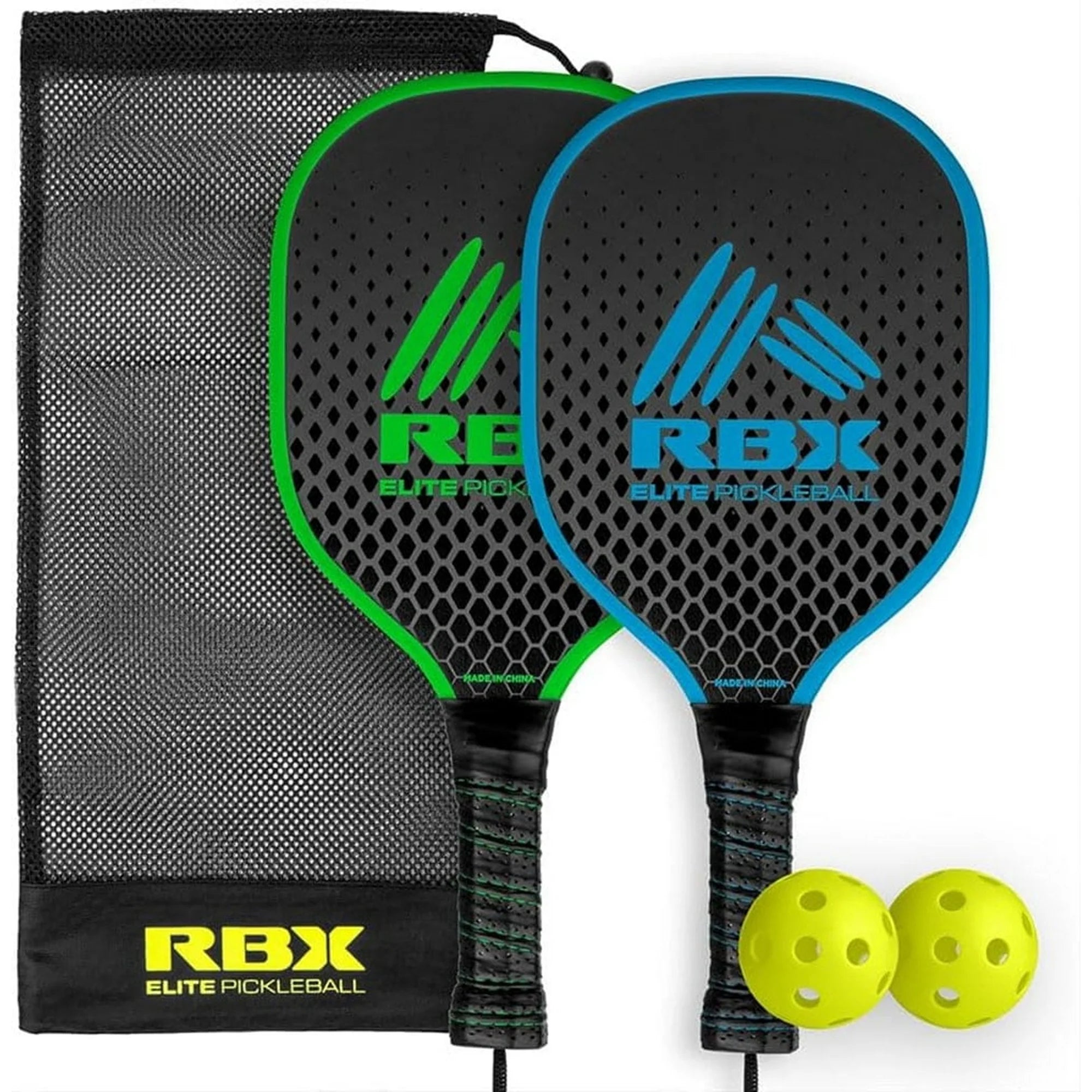 RBX Pickleball Set - (2) Premium Wooden Paddles, (2) X-40Outdoor Balls, Mesh Bag - Outdoor Game for Adult & Kids